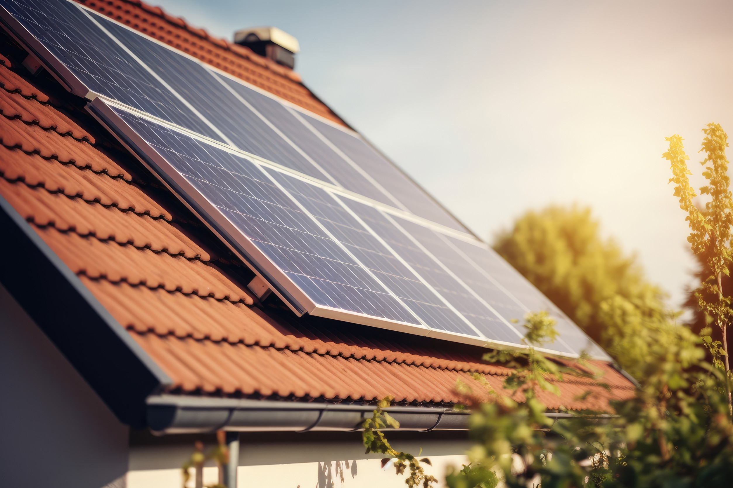 Close up of a new building with solar panels on the roof. Sustainable and clean energy at home.